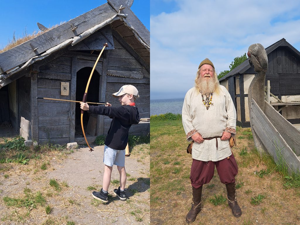 Per Andersson i vikingakläder samt eleven Ludvig som skjuter med en pilbåge.